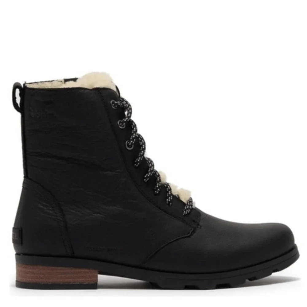SOREL Emelie Genuine Shearling Lamb Fur Short Lace-Up Boot, Black, Size 8.5, NWT